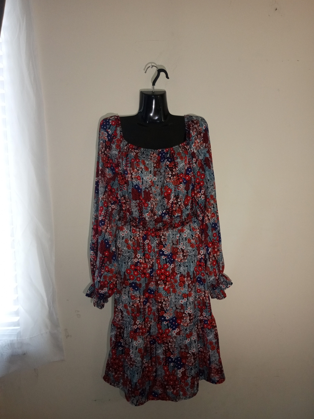 BloomChic Red Floral Long-Sleeve Square Neck Dress with Blue Accents